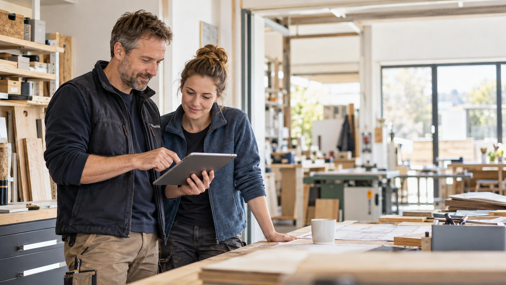 Mitarbeiter eines Handwerksbetriebs prüfen gemeinsam Kundenanfragen auf einem Tablet